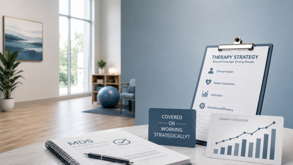 SNF therapy management concept with therapy strategy, MDS documentation, and utilization metrics shown in a modern healthcare office.