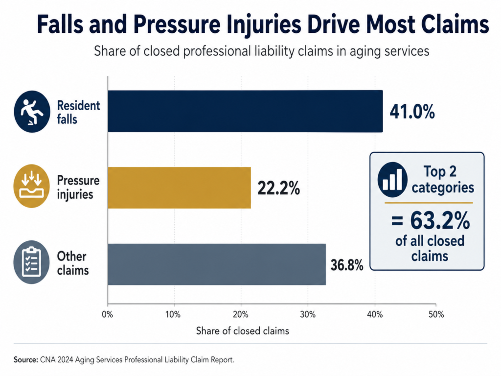Chart showing falls and pressure injuries account for most aging services professional liability claims.